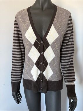 218. RO•ZU lambswool angora cashmere Argyle Button-Front Sweater Cardigan SZ 46